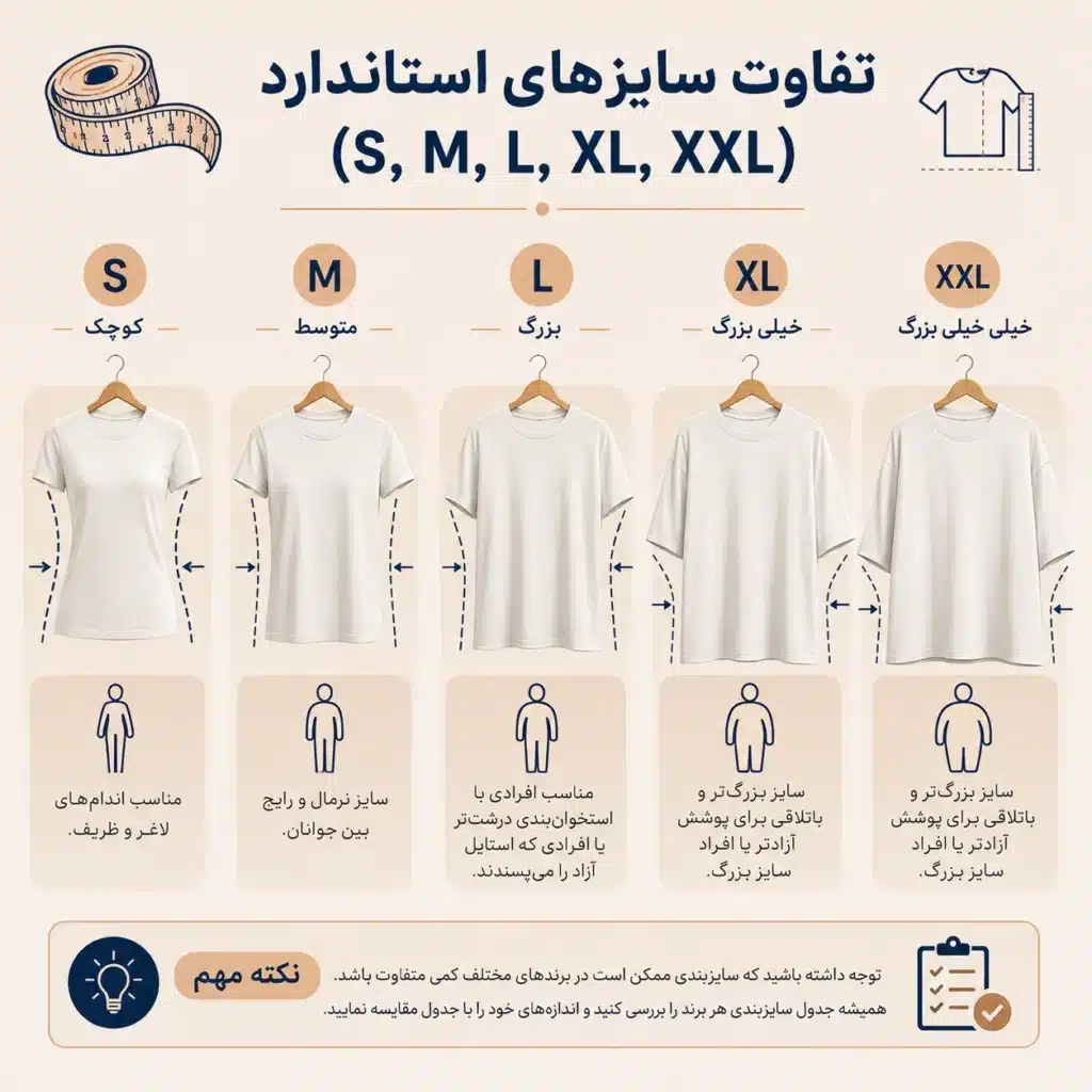 راهنمای سایز لباس آنلاین 4 تفاوت سایزهای استاندارد (S, M, L, XL, XXL)